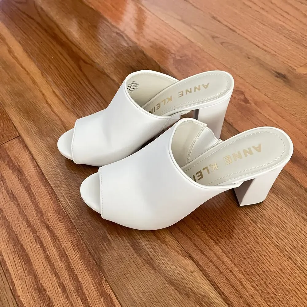 Anne Klein Tillie Block Heel Mules Womens 7 Medium White Peep Toe Sandals